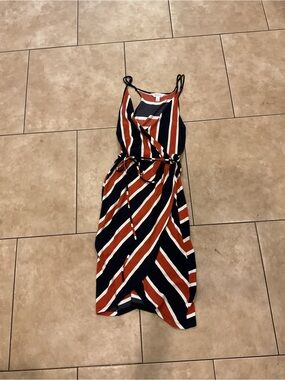 Striped Navy and Rust Sleeveless Wrap Summer Dress